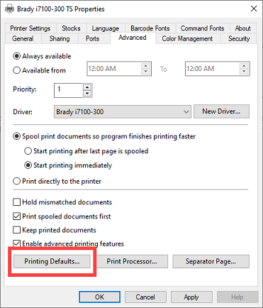 Printing defaults