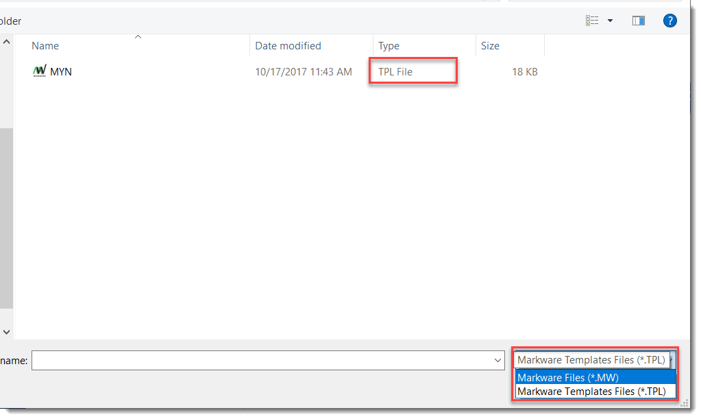 Change the dropdown selection to view MarkWare label files and templates