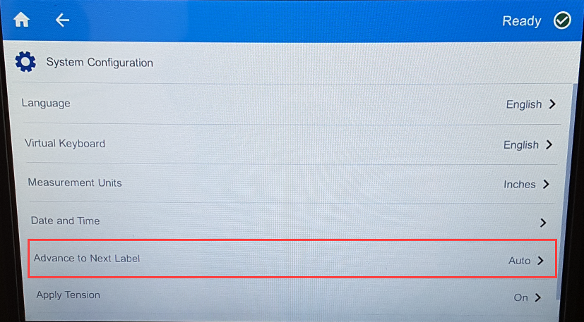 Advance to next label on System Configuration