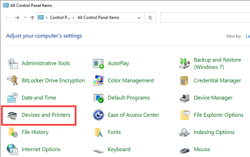 Devices and Printers in Control Panel