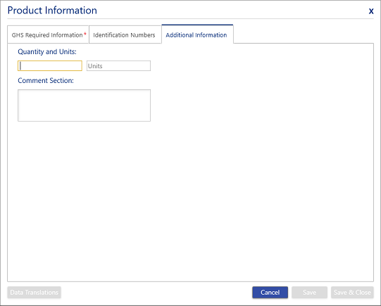 Additional information tab with Quantity, units and comments section