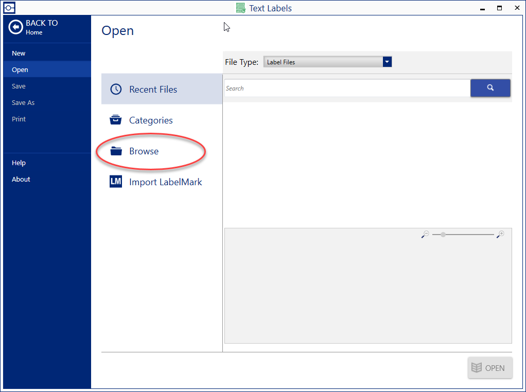Click open and then browse to find LabelMark files