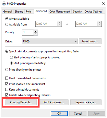 J4000 Properties - Advanced - Printing Defaults