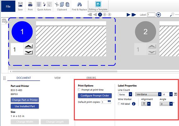 Print options and label properties