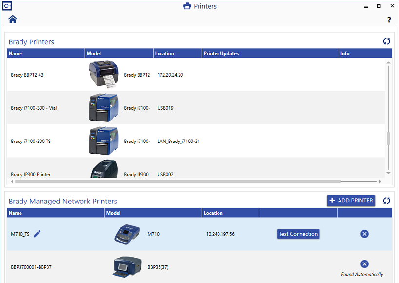 Printers app_Different Brady Printer Locations