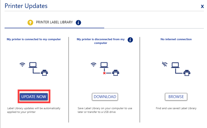 Printer Update options for Printer Label Library