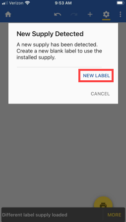 New Supply Detected message with options to select New Label or Cancel